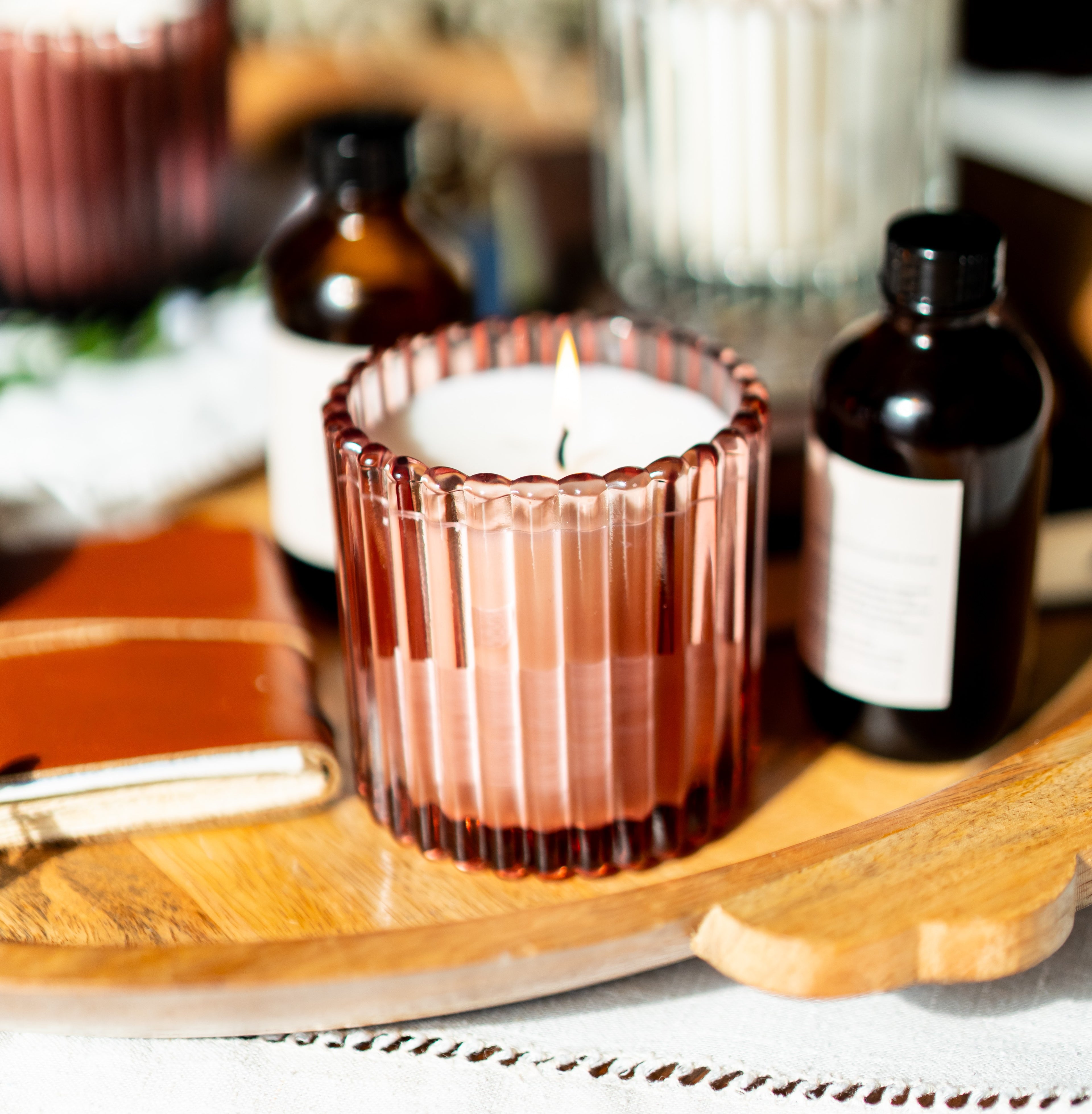 Peony: 8 oz Candle in Ribbed Glass